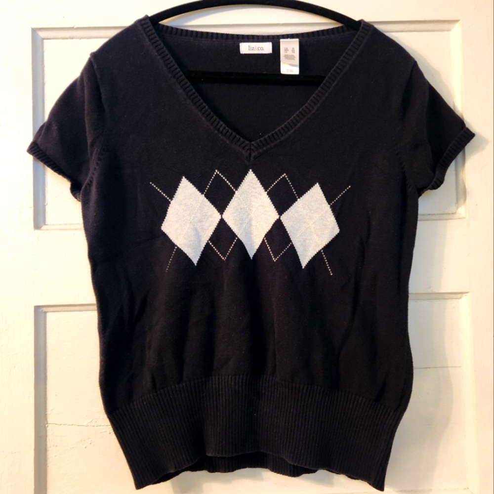 Liz & Co Sweater, Navy & Gray Argyle Short Sleeve, Sz XL Preppy, Cotton Academia